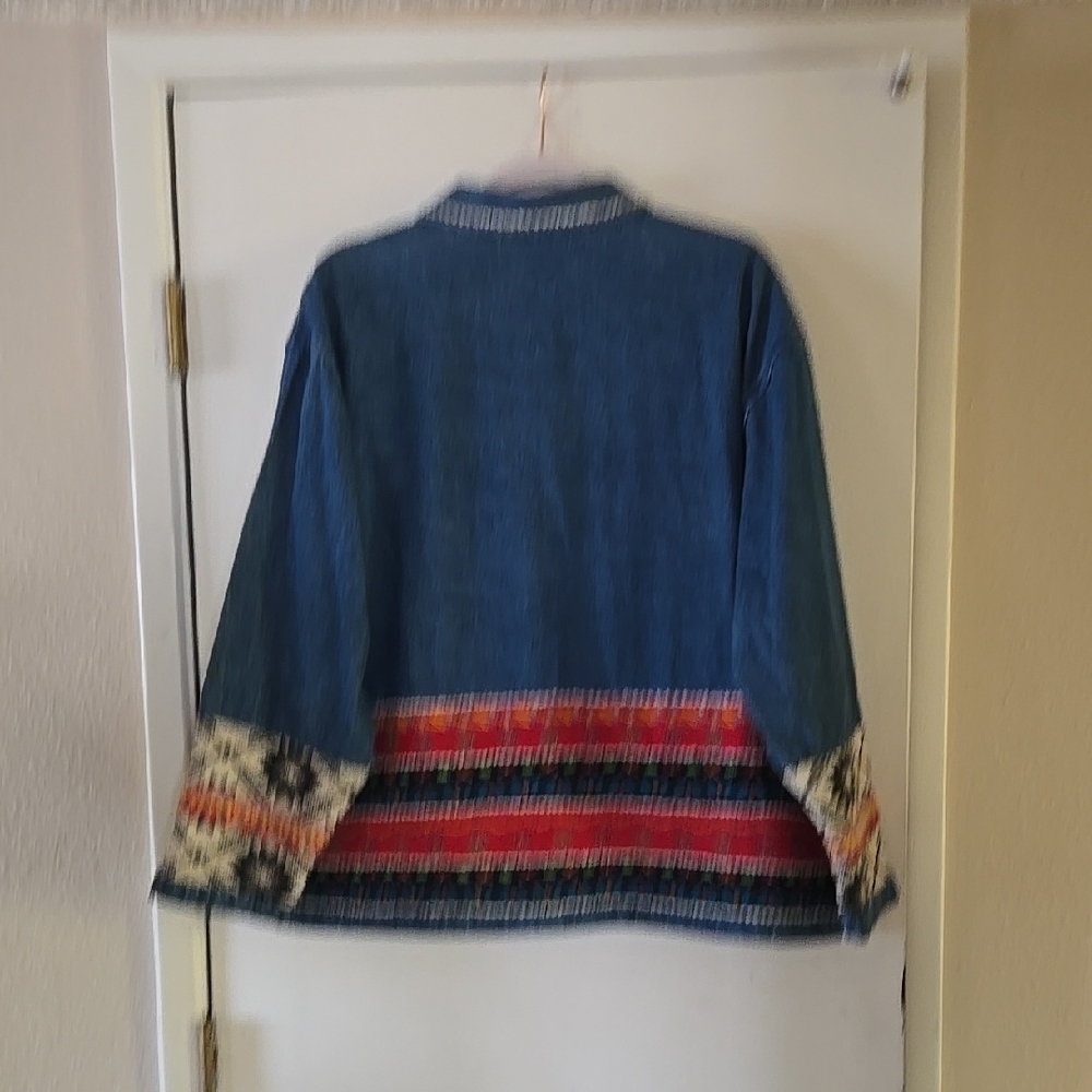 Colorful Denim Tribual Vibe Jacket with Patterned Trim - Picture 8 of 10